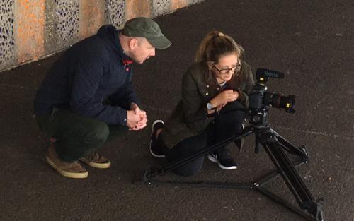 Simon Aeppli working with a fellow filmmaker